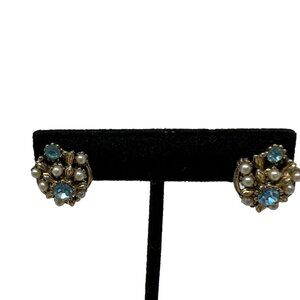 Star Earrings Blue Stone Seed Pearls Vintage‎ Clip Screw On